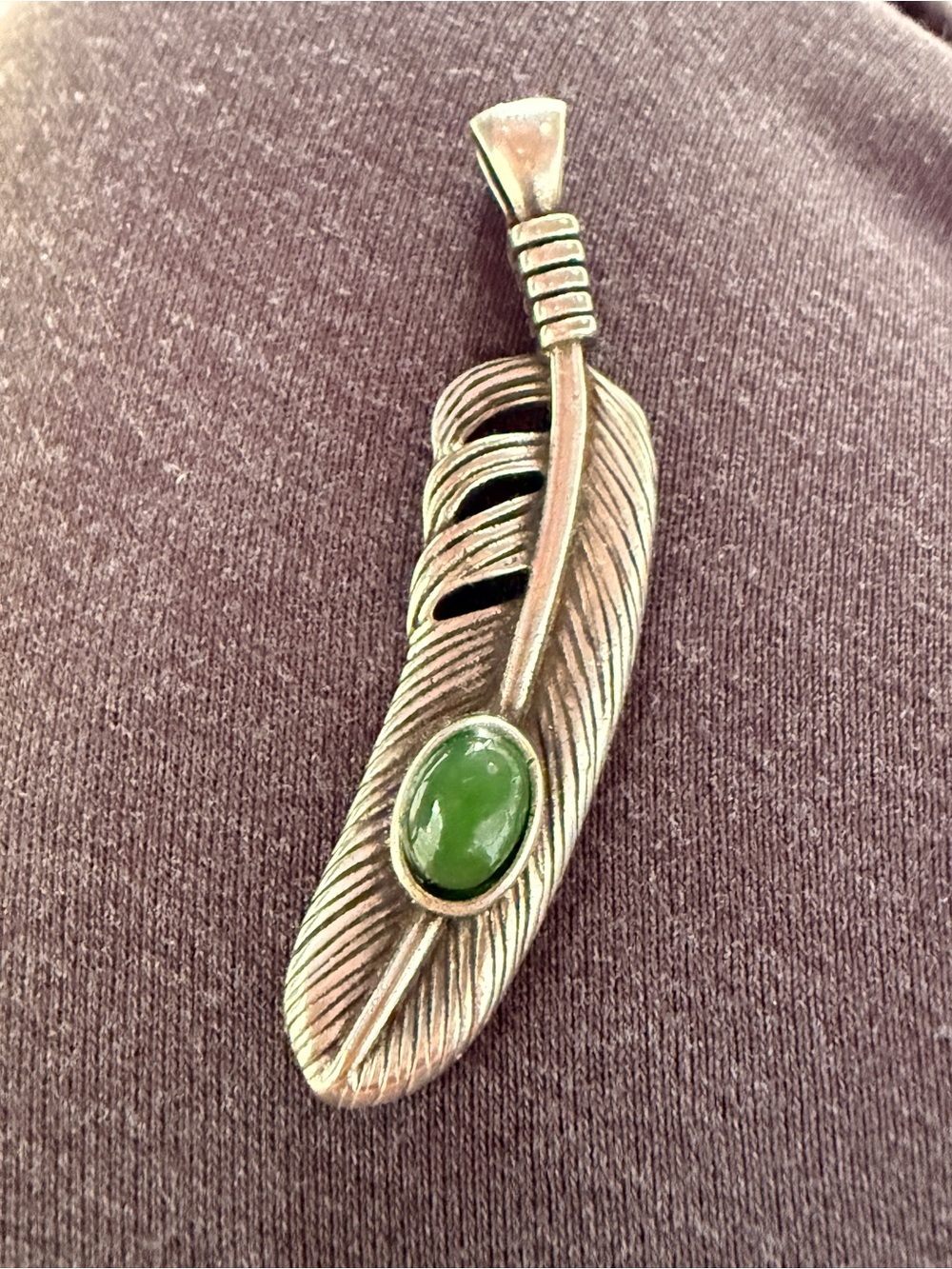 Vintage Silver Feather Pendant with Jade Stone